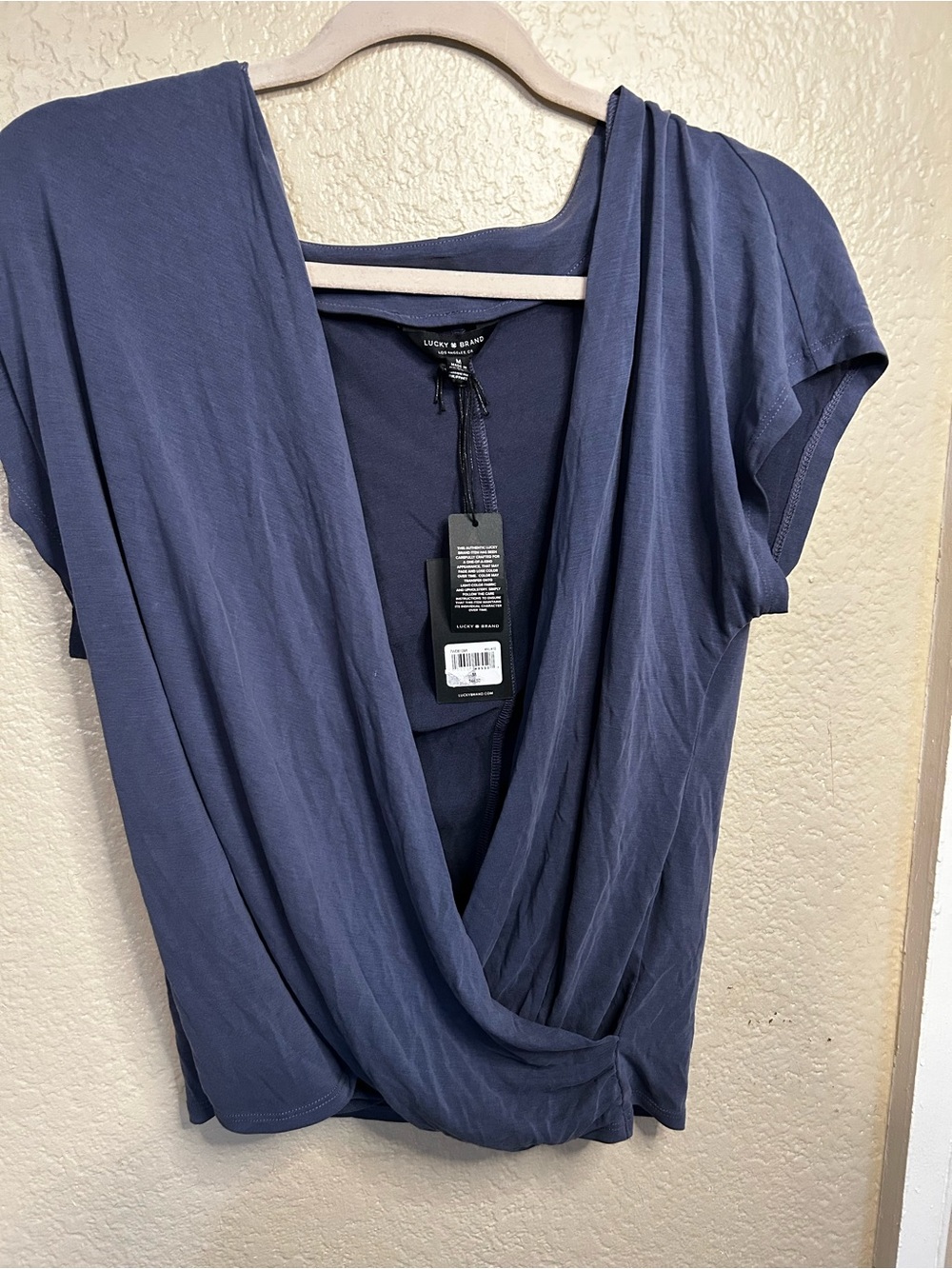 Lucky Brand Navy Blue Draped Surplice Short Sleeve Top